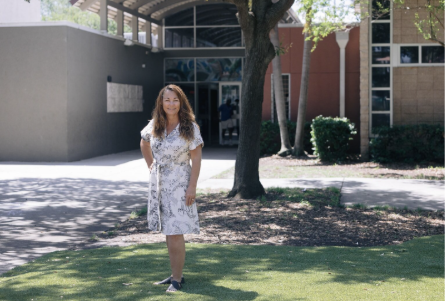 Nancy Bostock on a school campus
