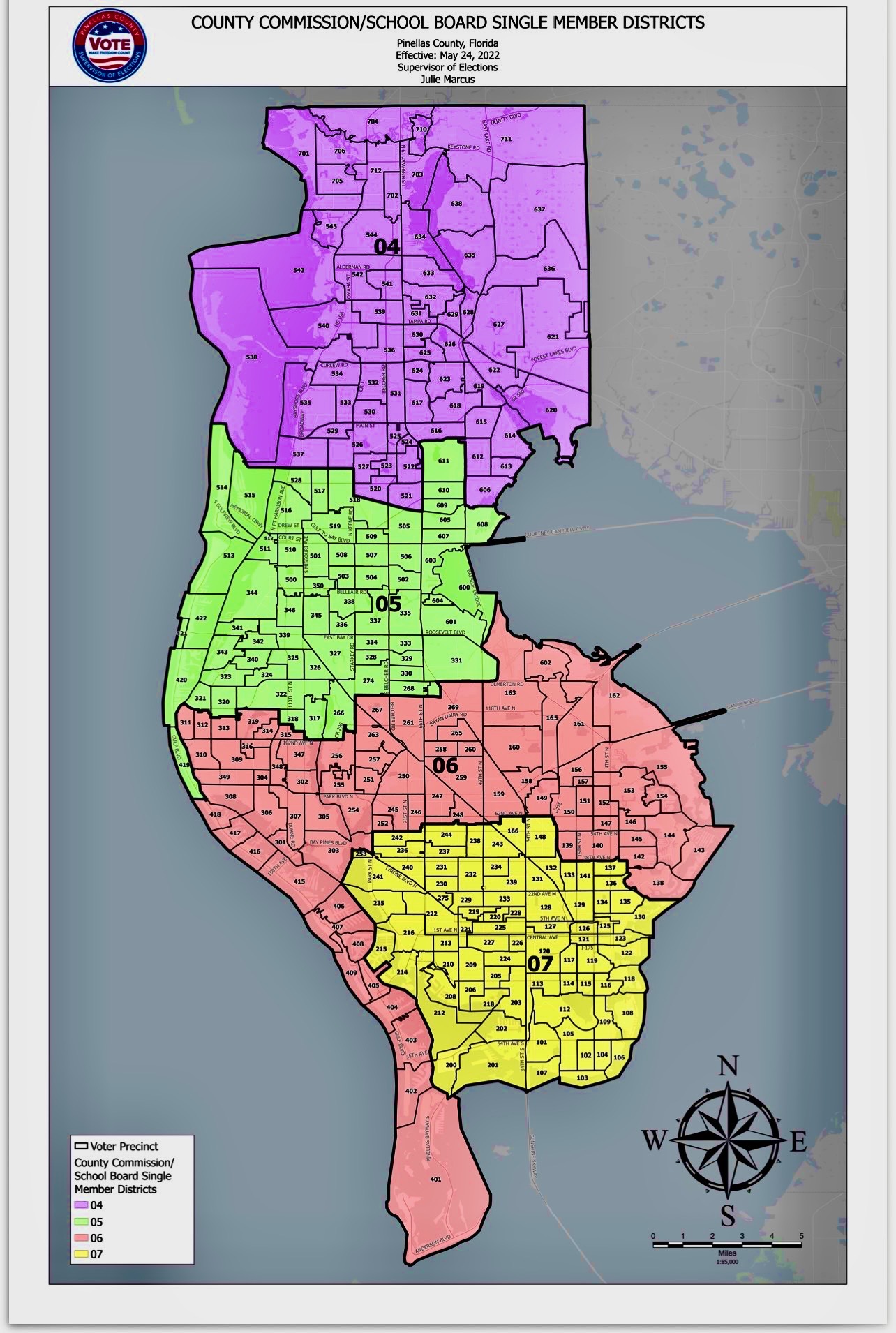 Map of Pinellas County School Board single-member districts with District 6 highlighted